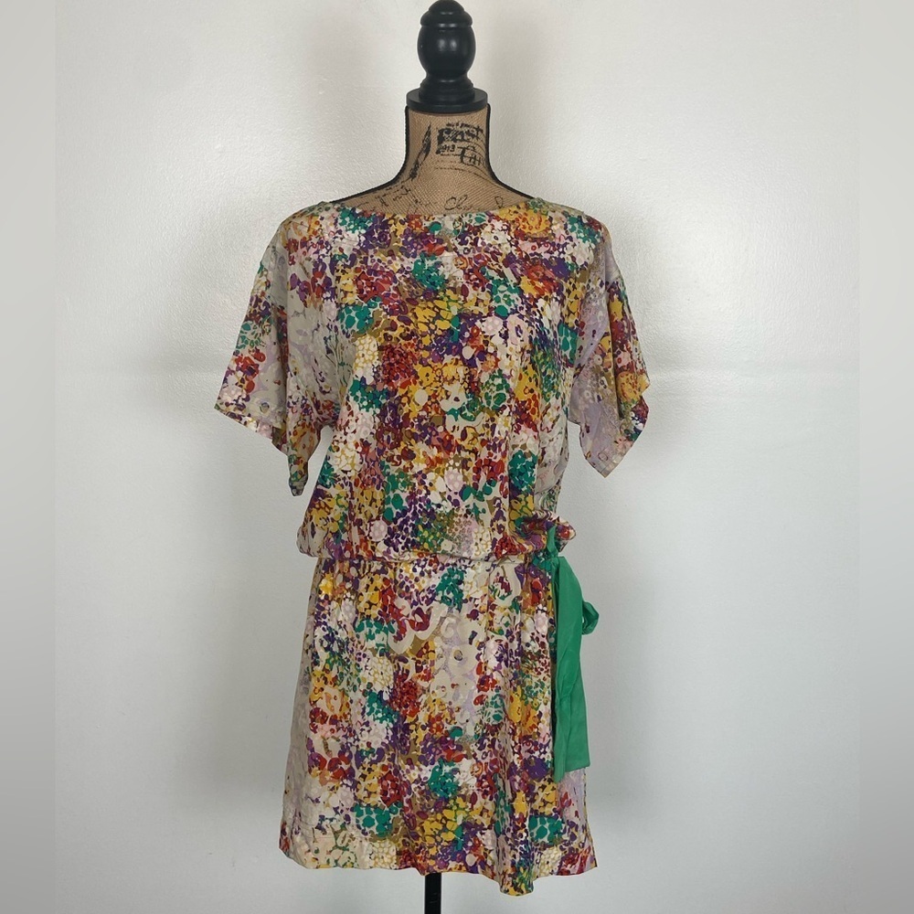 Women's Chiffon Silk Mini Dress Size 2 Tie Dye Multicolor Short Sleeve Pockets‎